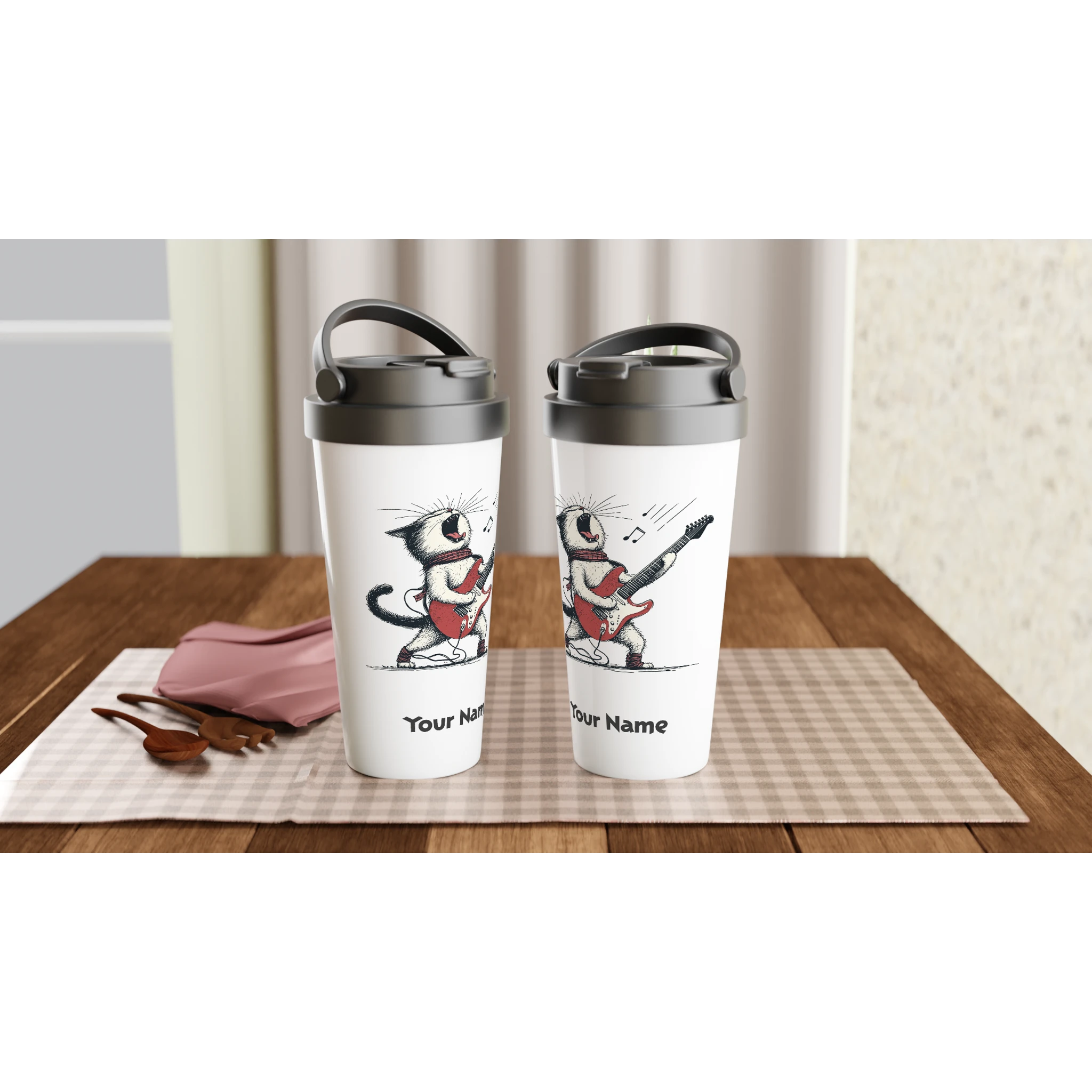 Personalised Cat Playing Guitar White 15oz Stainless Steel Travel Mug Personalised Travel Mug animal Globally Fulfilled Music