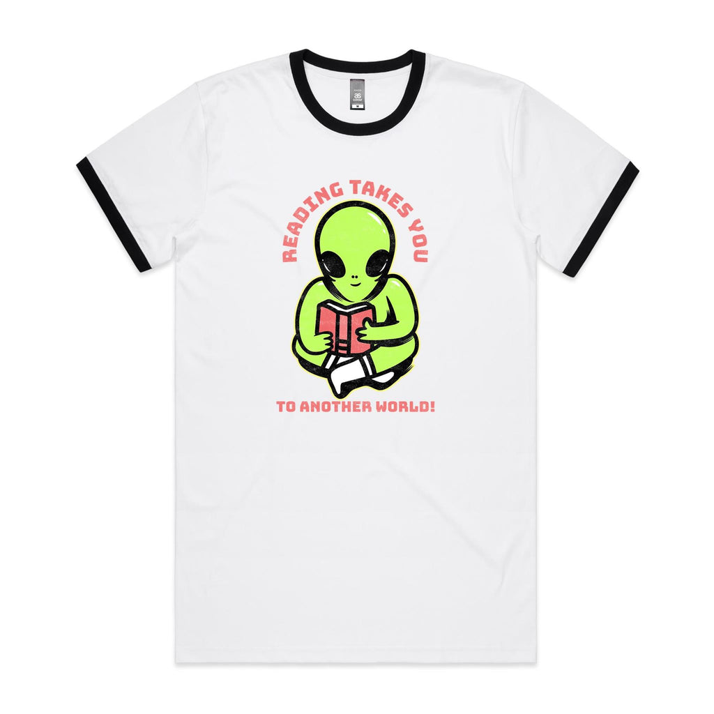 Reading Takes You To Another World, Alien - Staple Ringer Tee White Black Ringer T-Shirt Printed In Australia Reading Sci Fi