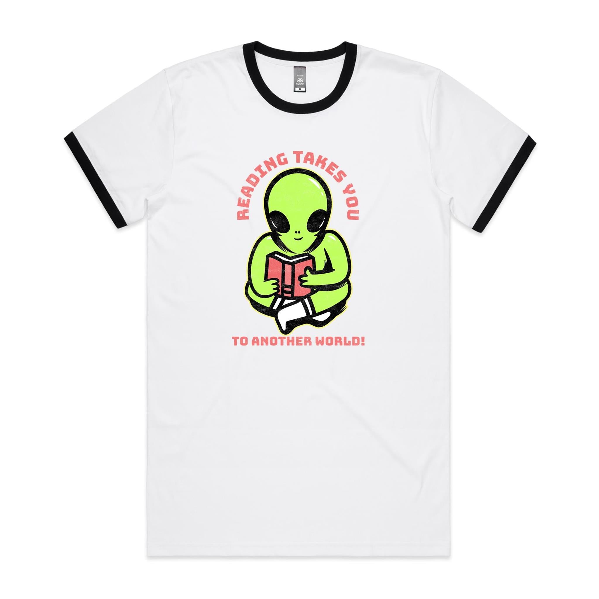 Reading Takes You To Another World, Alien - Staple Ringer Tee White Black Ringer T-Shirt Printed In Australia Reading Sci Fi