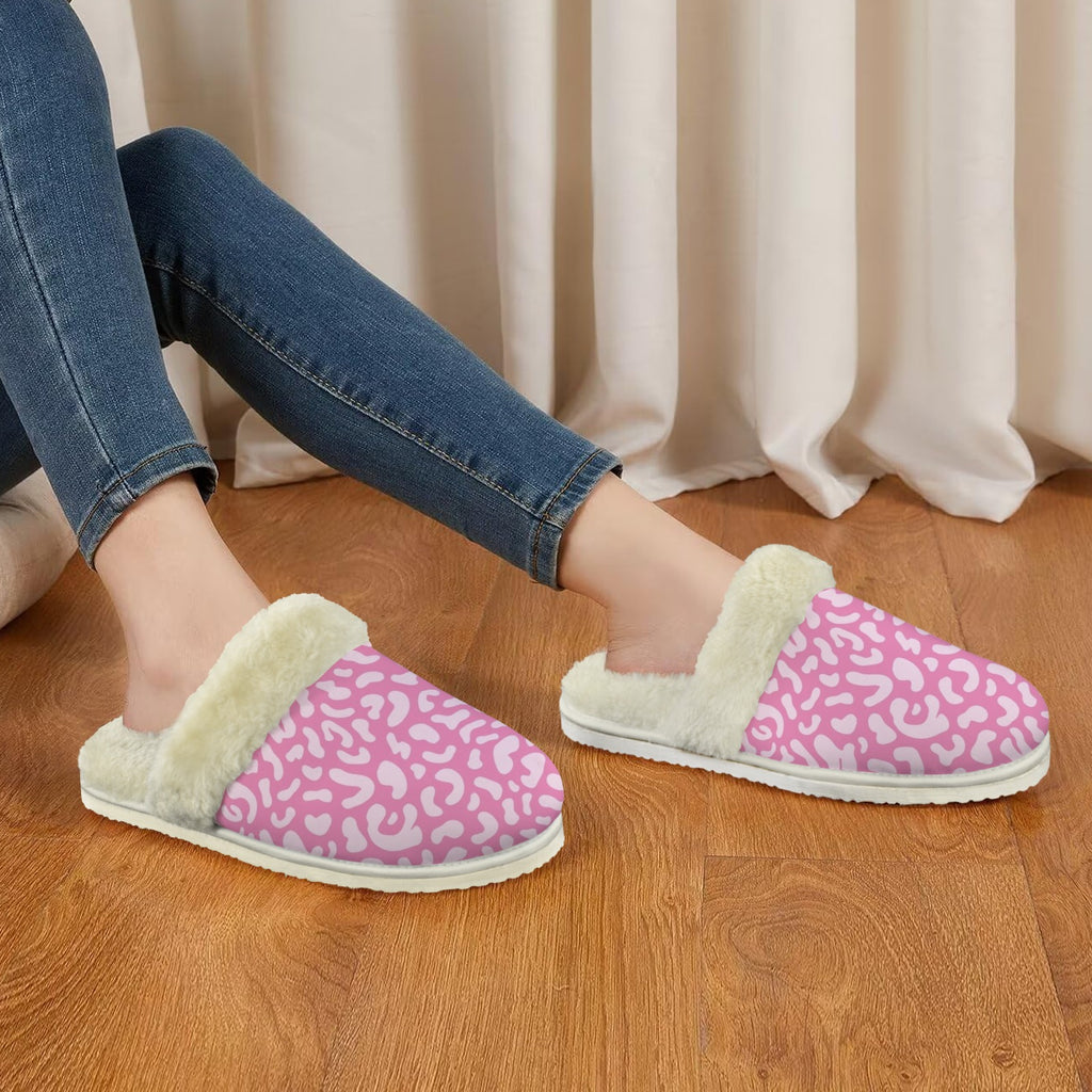 Pink Leopard Women's Fur Trim Thick-Sole Indoor Slippers Women's Fur Trimmed Slippers animal Printed Offshore