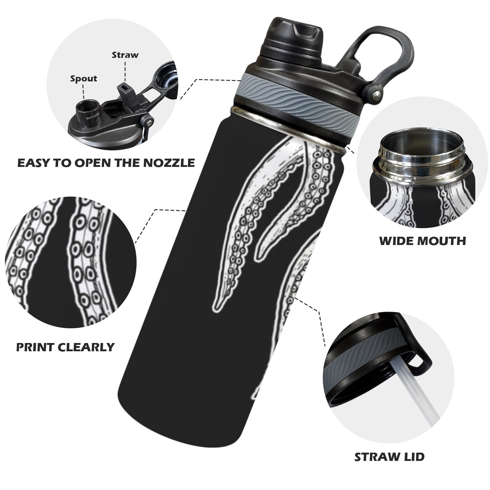 Octopus Tentacles - Insulated Water Bottle with Dual-Use Lid (18oz) Insulated Water Bottle with Dual-Use Lid (18oz) animal Ocean Printed Offshore