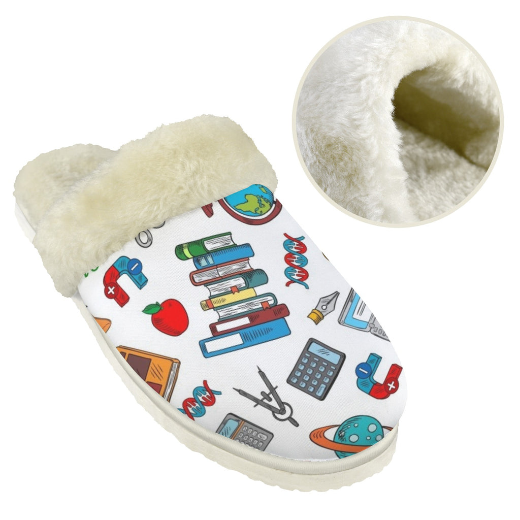 School Time Men's Fur Trim Thick-Sole Indoor Slippers Men's Fur Trimmed Slippers Printed Offshore