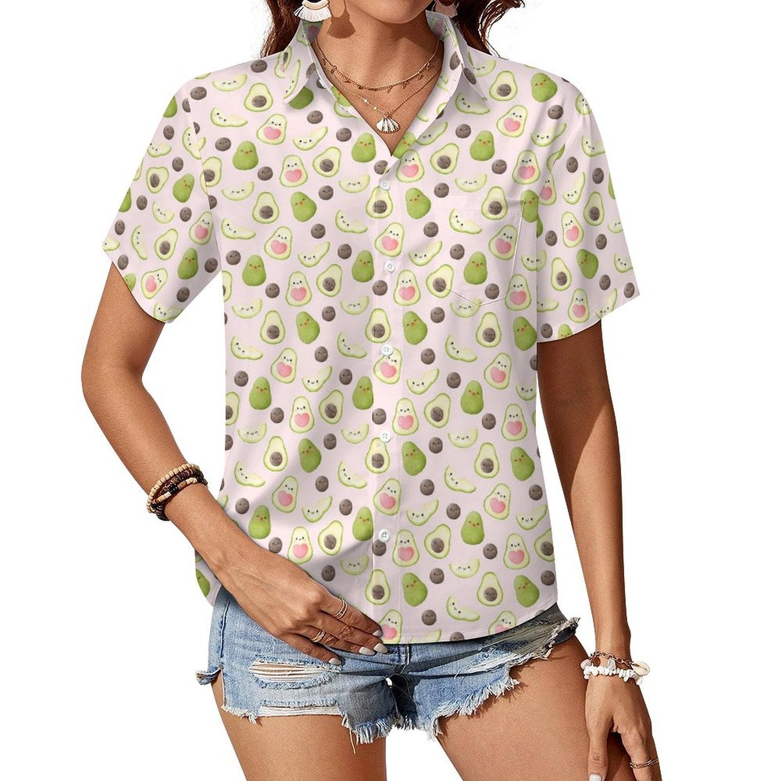 Avocado Love - Women's Short-Sleeve Button Up Shirt white Women's Short-Sleeve Button Up Shirt Food Love Printed Offshore