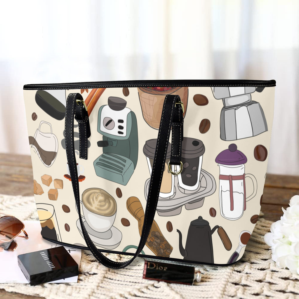 All The Coffee - Leather Tote Bag-Large