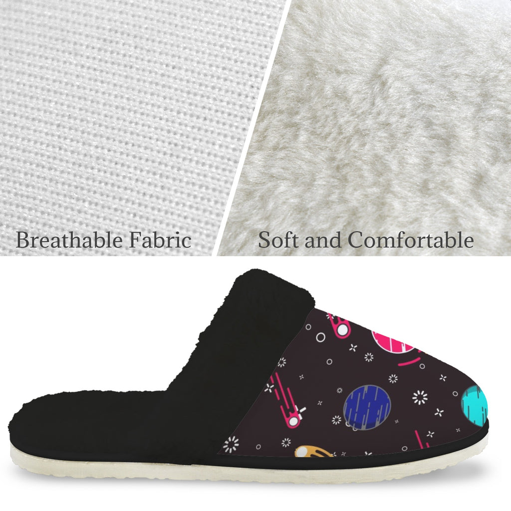 Planet Orbit Men's Fur Trim Thick-Sole Indoor Slippers Men's Fur Trimmed Slippers Printed Offshore Space