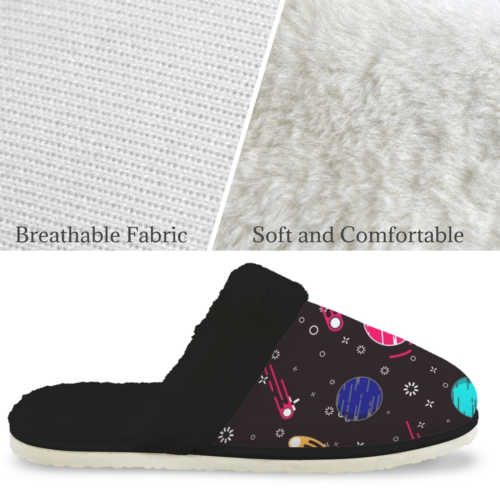 Planet Orbit Men's Fur Trim Thick-Sole Indoor Slippers Men's Fur Trimmed Slippers Printed Offshore Space