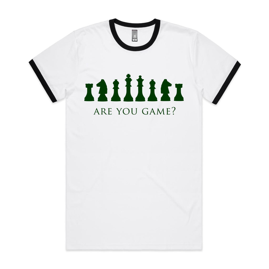 Are You Game, Chess - Staple Ringer Tee White Black Ringer T-Shirt Chess Games Printed In Australia