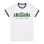 Are You Game, Chess - Staple Ringer Tee White Black Ringer T-Shirt Chess Games Printed In Australia