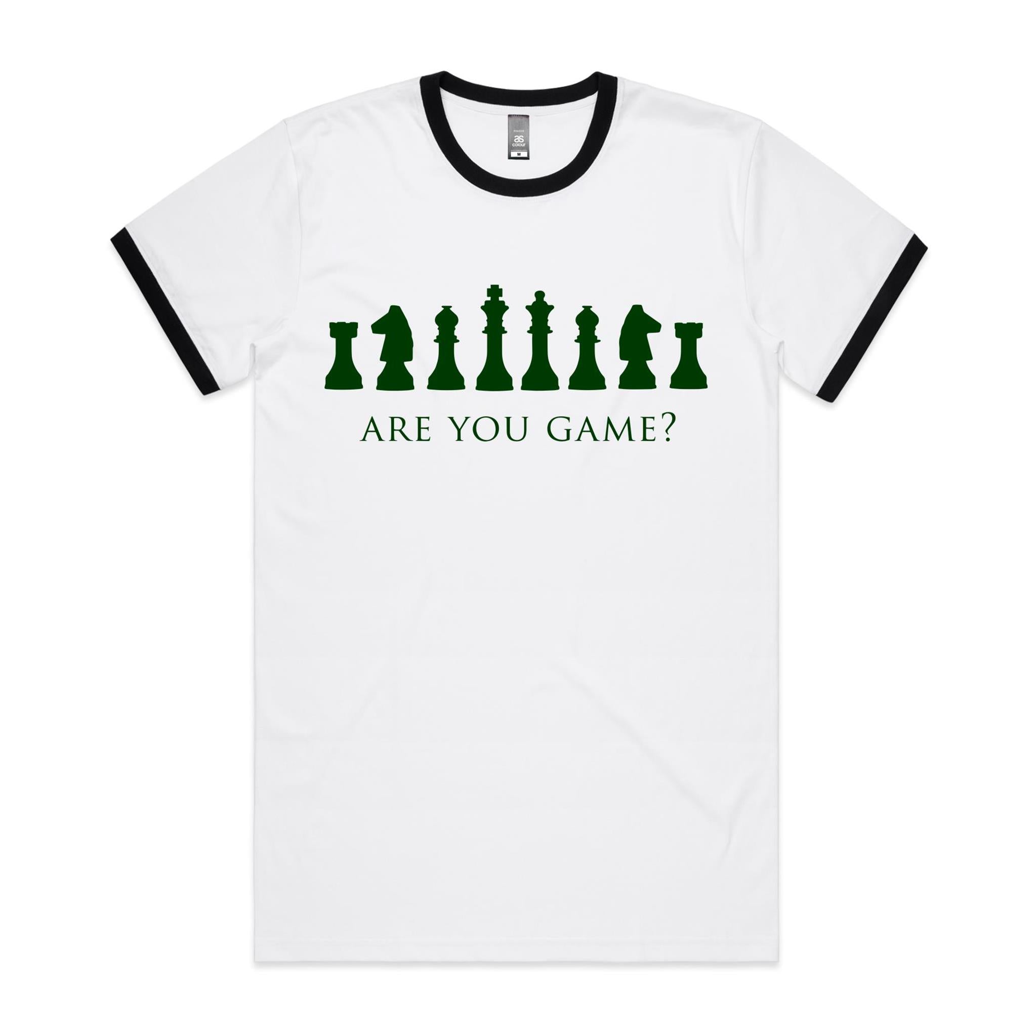 Are You Game, Chess - Staple Ringer Tee White Black Ringer T-Shirt Chess Games Printed In Australia