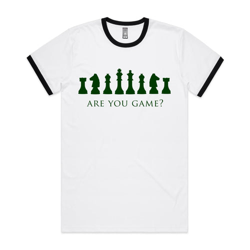 Are You Game, Chess - Staple Ringer Tee White Black Ringer T-Shirt Chess Games Printed In Australia