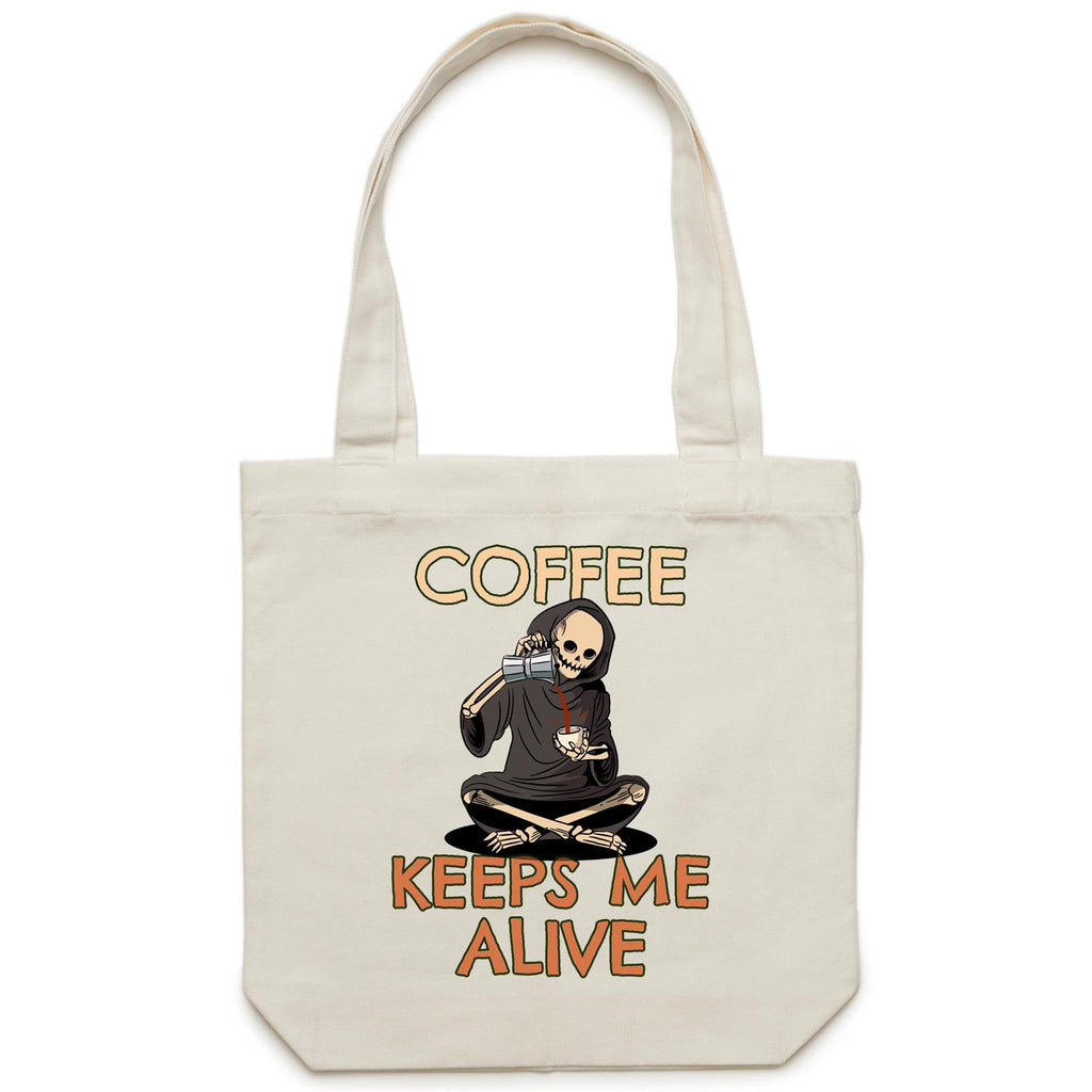 Coffee Keeps Me Alive, Skeleton - Canvas Tote Bag Cream One Size Tote Bag Printed In Australia