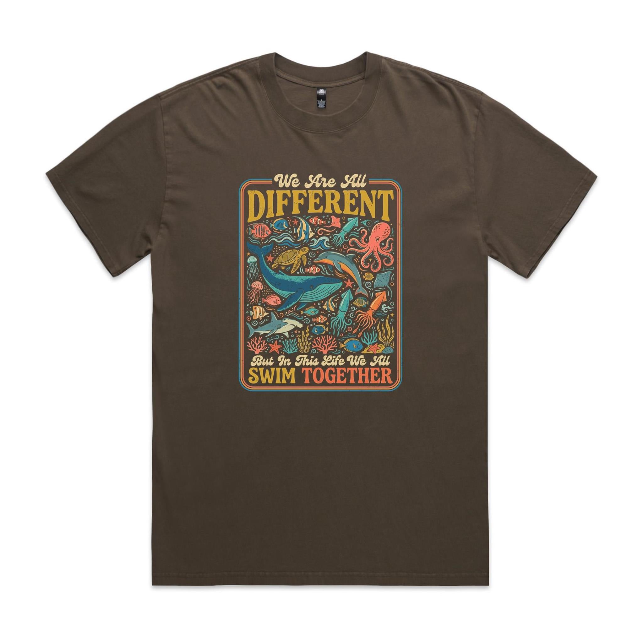 We Are All Different, But We All Swim Together - AS Colour Heavy Faded Tee Faded brown Heavy Faded T-shirt animal Ocean Positivity Printed In Australia