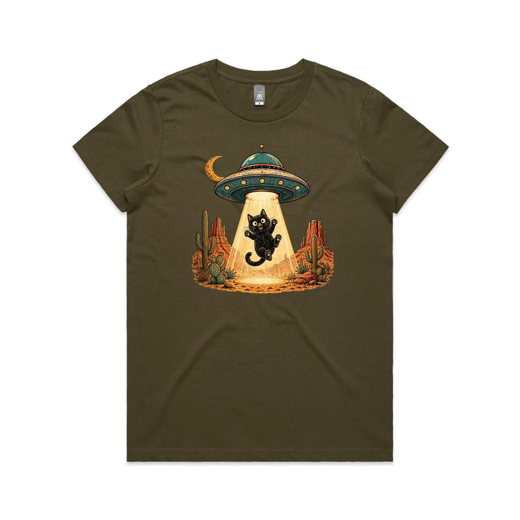 Black Cat Alien UFO Abduction Women's AS Colour T-shirt Army Womens T-shirt animal Printed In Australia Sci Fi