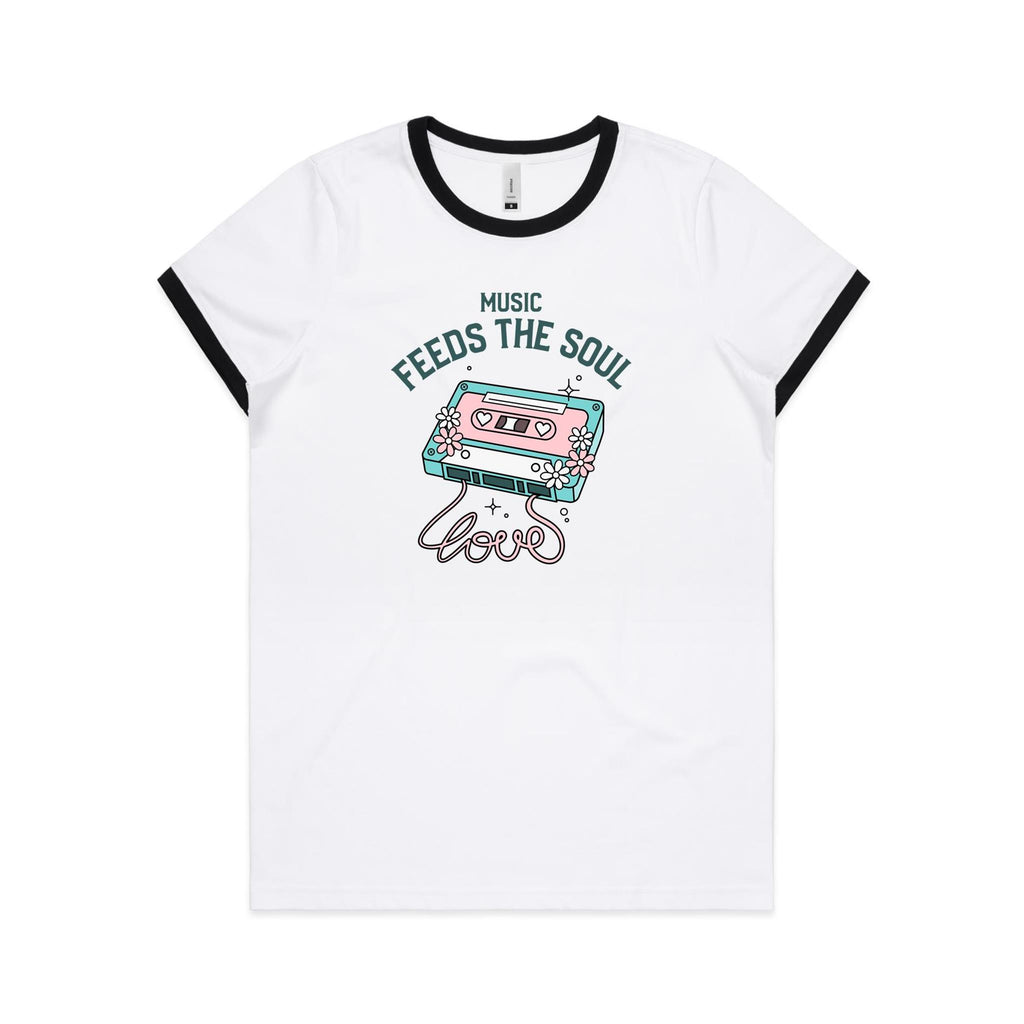 Music Feeds The Soul, Cassette Tape - Women's Ringer Tee White Black Womens Ringer T-shirt Music Printed In Australia
