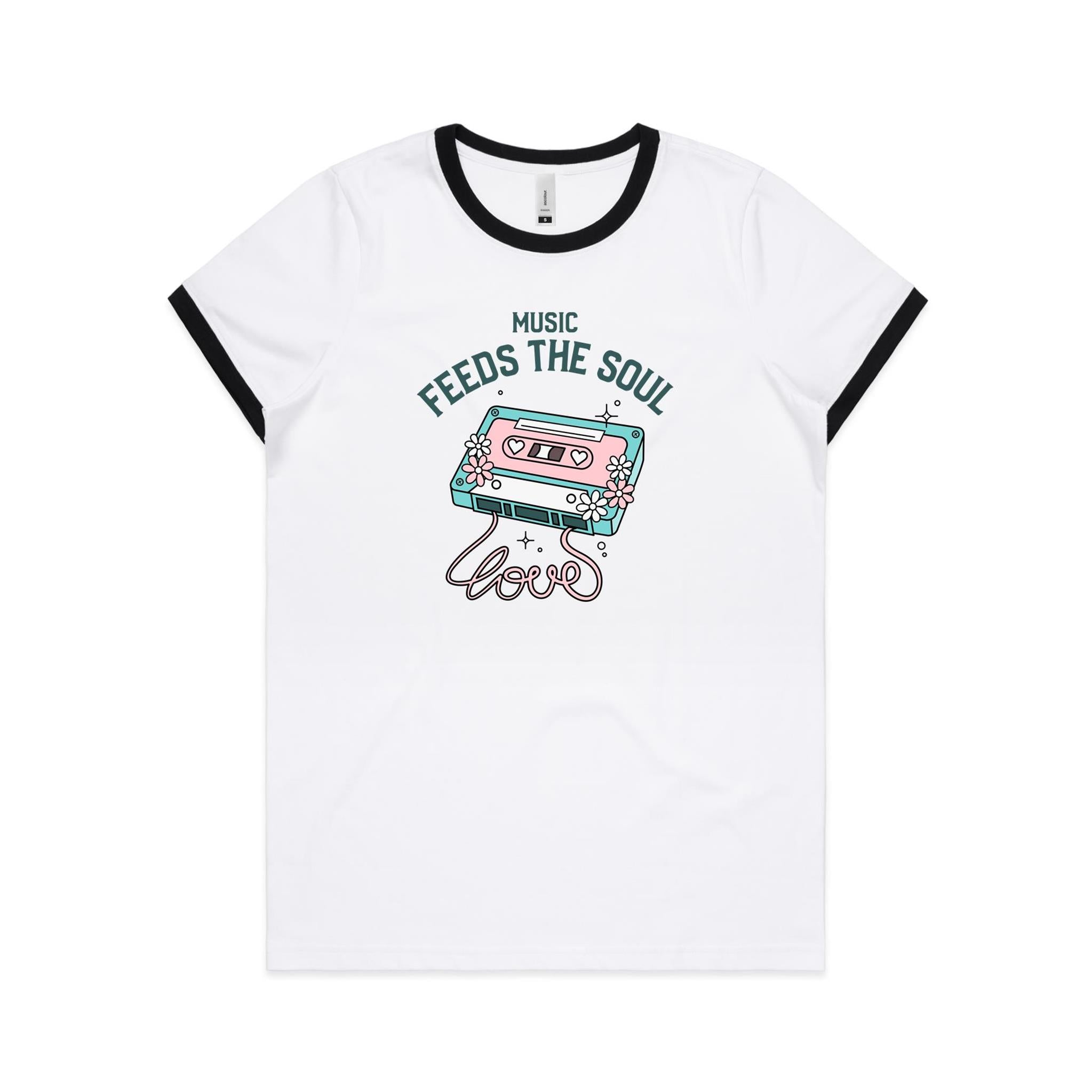 Music Feeds The Soul, Cassette Tape - Women's Ringer Tee White Black Womens Ringer T-shirt Music Printed In Australia