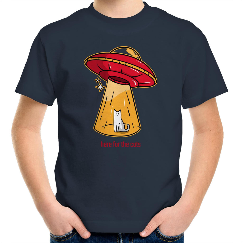 UFO, Here For The Cats - Kids Youth T-Shirt Navy Kids Youth T-shirt animal Printed In Australia Sci Fi