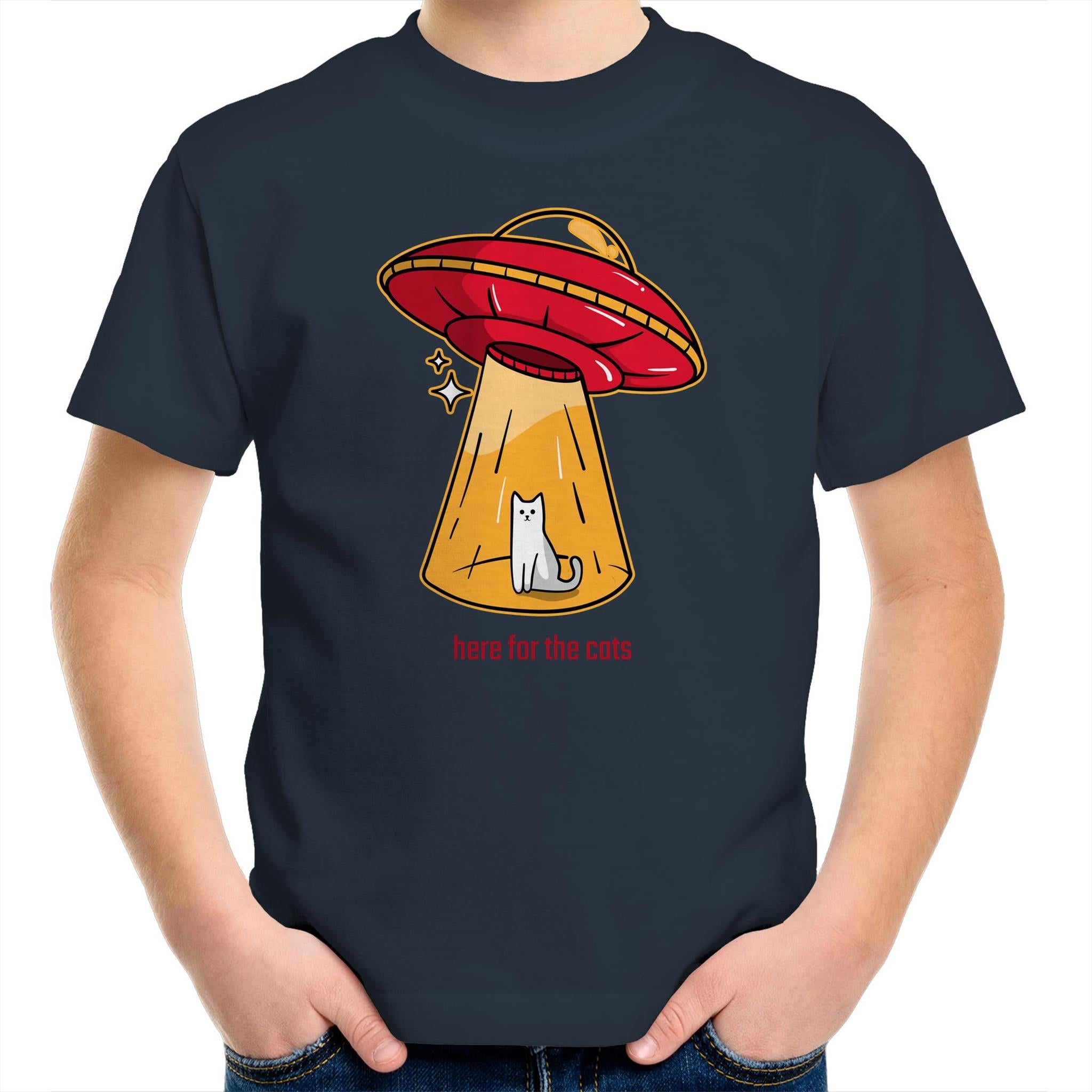 UFO, Here For The Cats - Kids Youth T-Shirt Navy Kids Youth T-shirt animal Printed In Australia Sci Fi