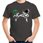 Alien And Astronaut Karate - Kids Youth T-Shirt Charcoal Kids Youth T-shirt Printed In Australia Sci Fi Space