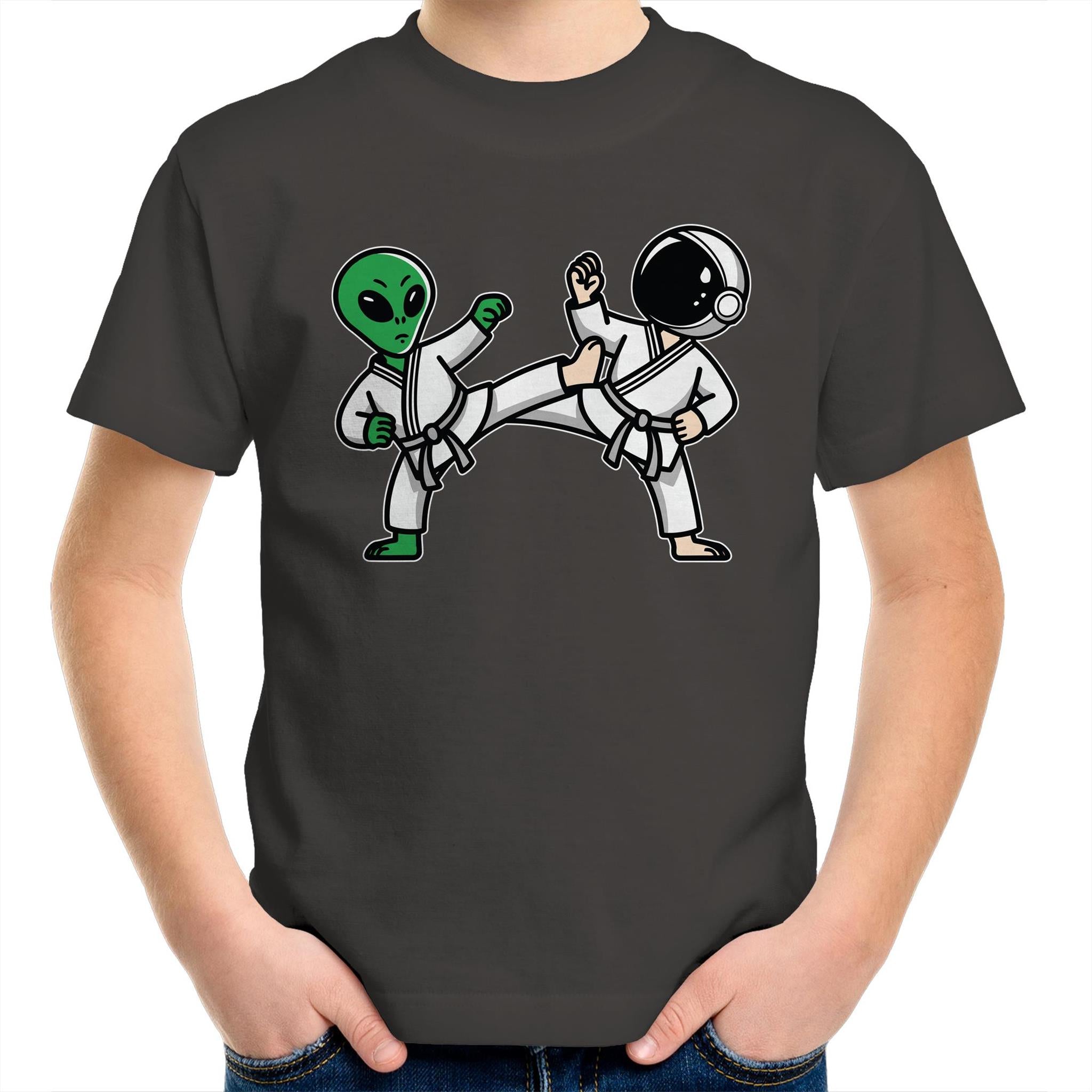 Alien And Astronaut Karate - Kids Youth T-Shirt Charcoal Kids Youth T-shirt Printed In Australia Sci Fi Space