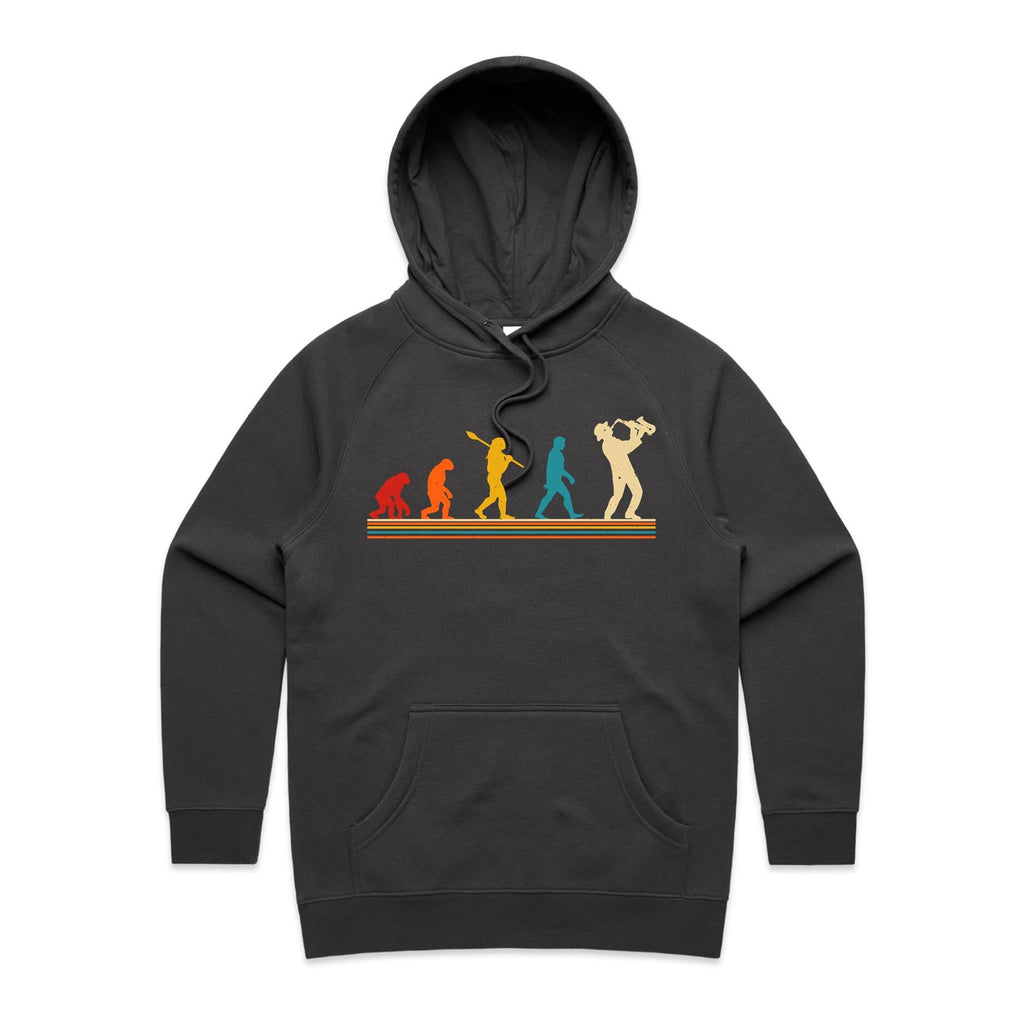 Saxophone Player Evolution - Womens Hoodie Coal Womens Hoodie Music Printed In Australia