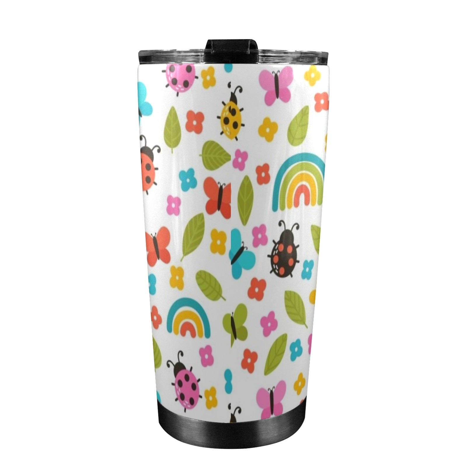 Ladybugs And Rainbows - 20oz Mobile Tumbler with Lid (Black Lock)