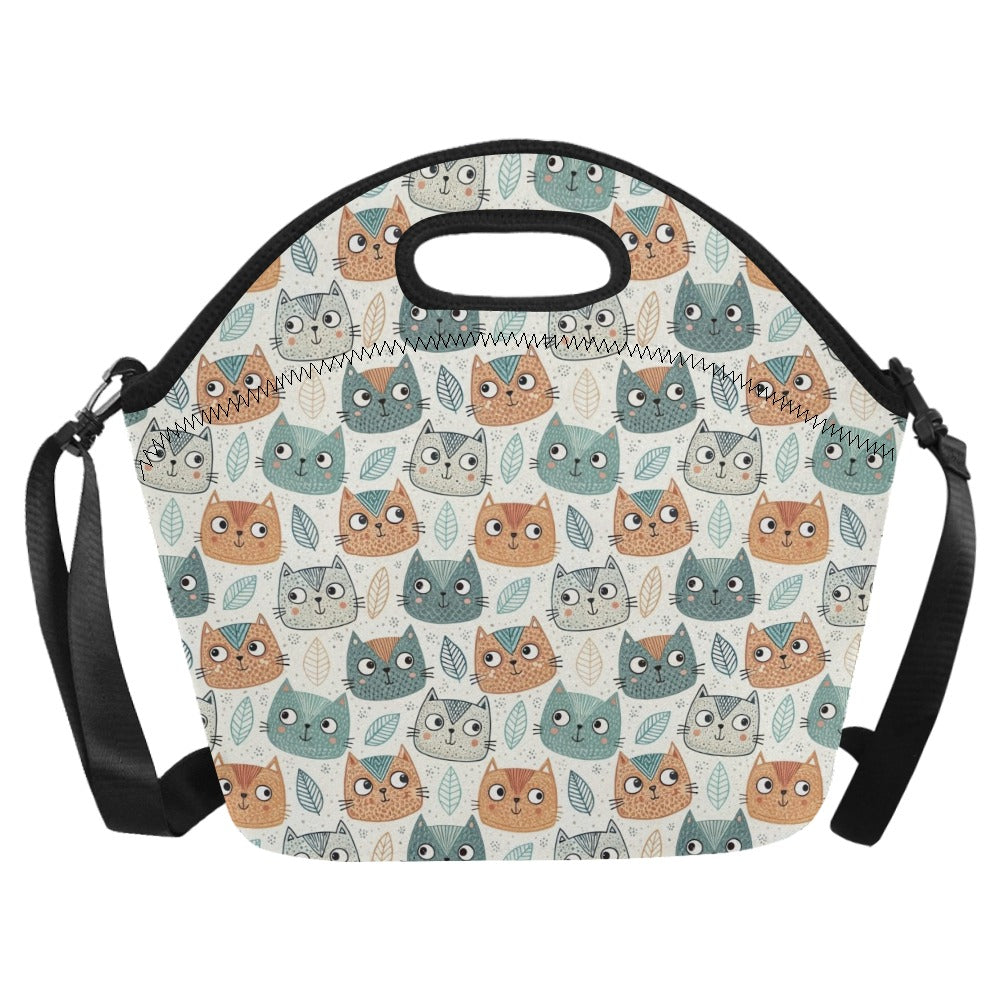 Cute Cat Faces Neoprene Lunch Bag/Large (Model 1669) Neoprene Lunch Bag animal Printed Offshore