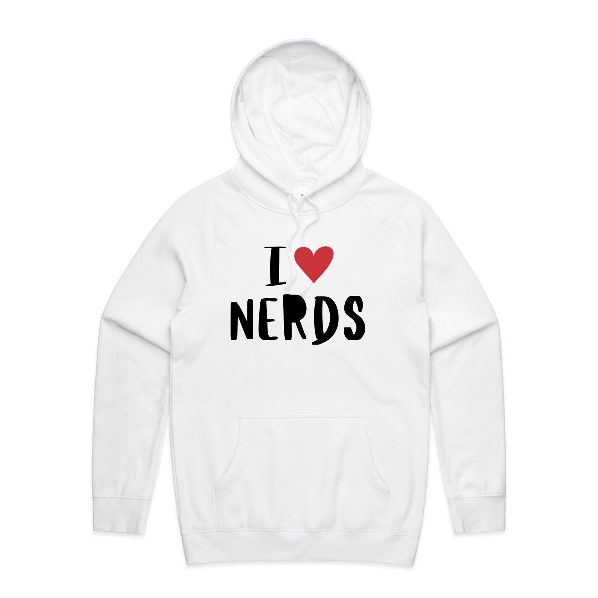 I Love Nerds, Red Heart - Mens Hoodie White Mens Hoodie Printed In Australia