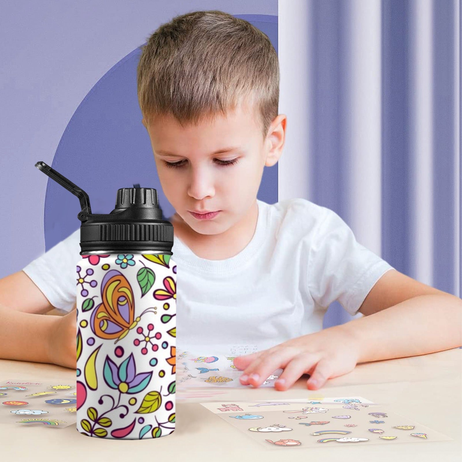 Hippie Butterfly And Flowers - Kids Water Bottle with Chug Lid (12 oz)
