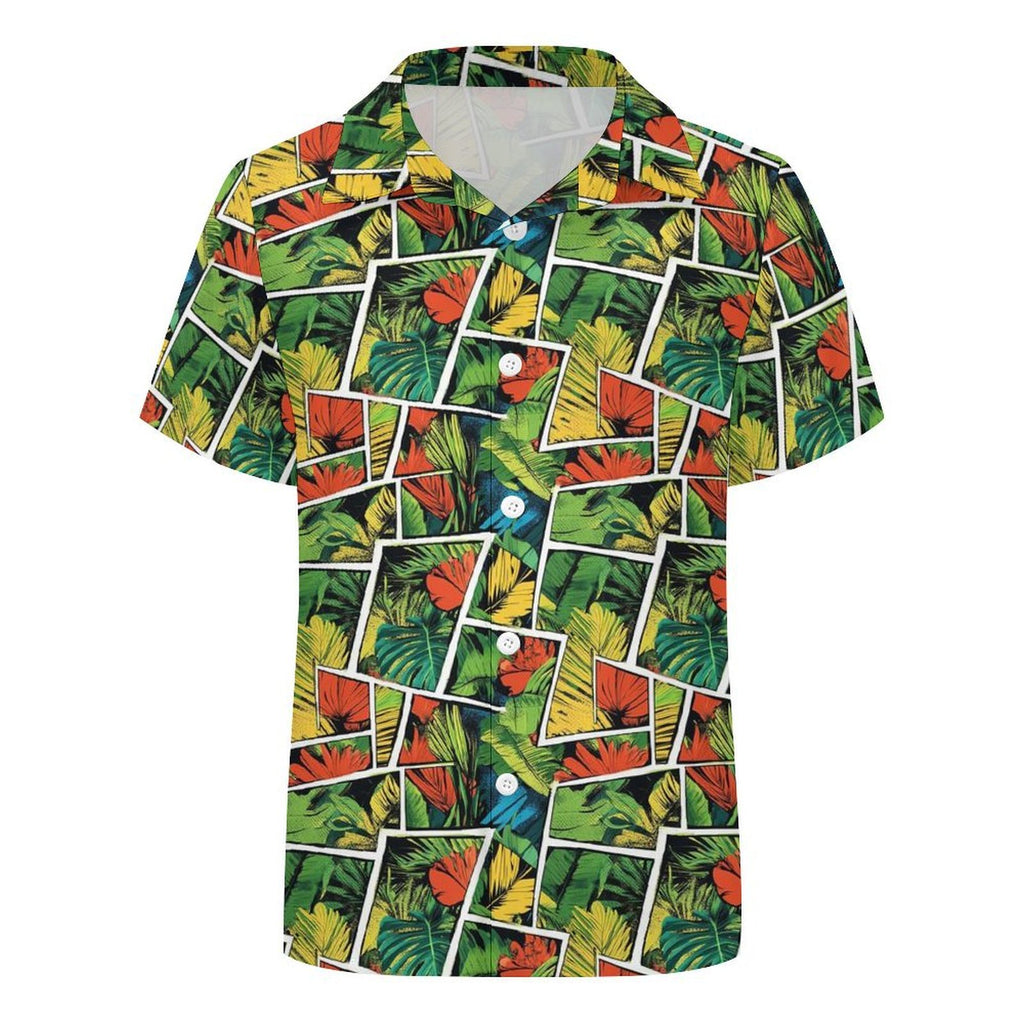 Tropical Comic Book Style Kids Youth Short Sleeve Button Up Shirt