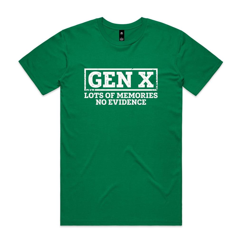 Gen X, Lots Of Memories, No Evidence Men's AS Colour T-shirt Kelly Green Mens T-shirt Printed In Australia