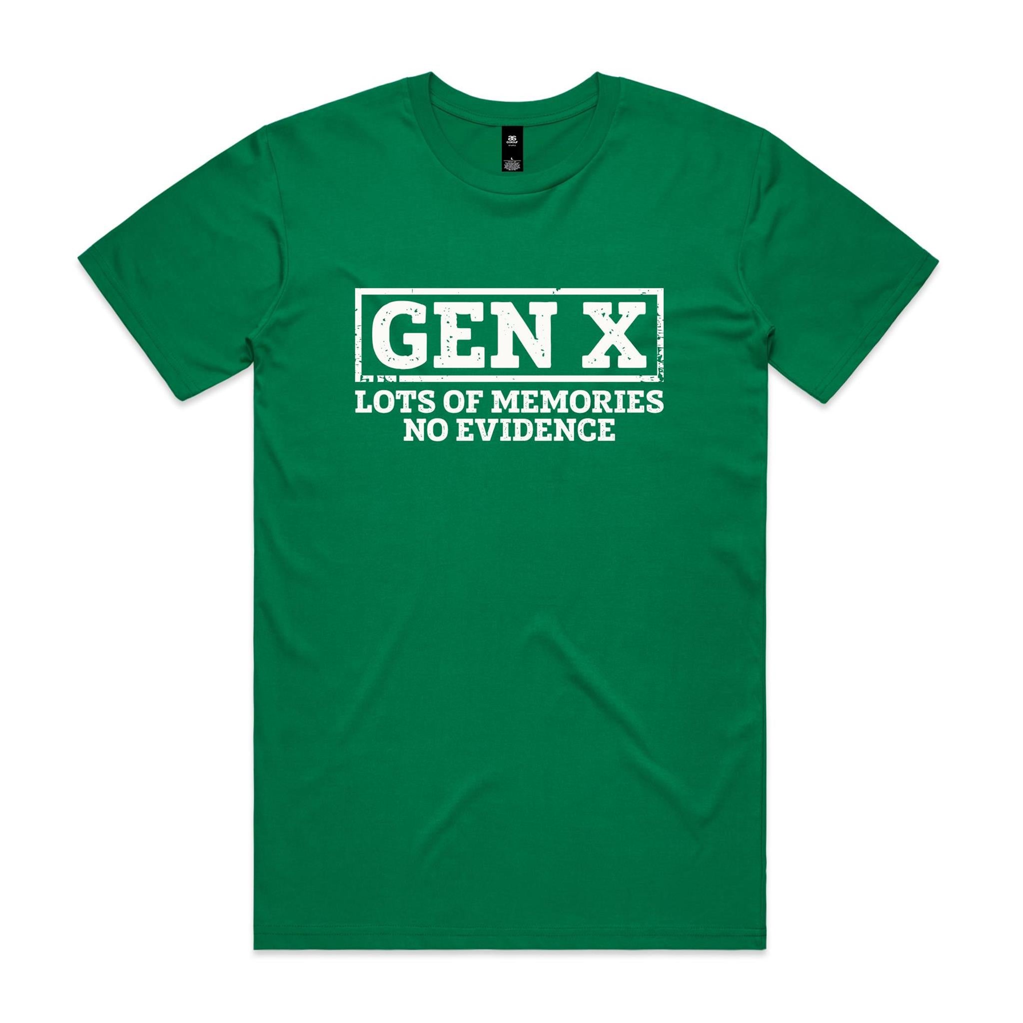 Gen X, Lots Of Memories, No Evidence - Men's AS Colour T-shirt Kelly Green Mens T-shirt Printed In Australia