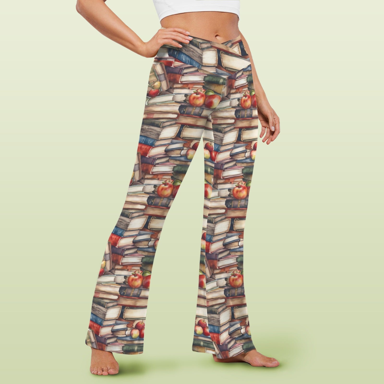 Watercolour Books - High Waist Crossover Tummy Control Flare Leggings High Waist Flare Leggings Printed Offshore Reading
