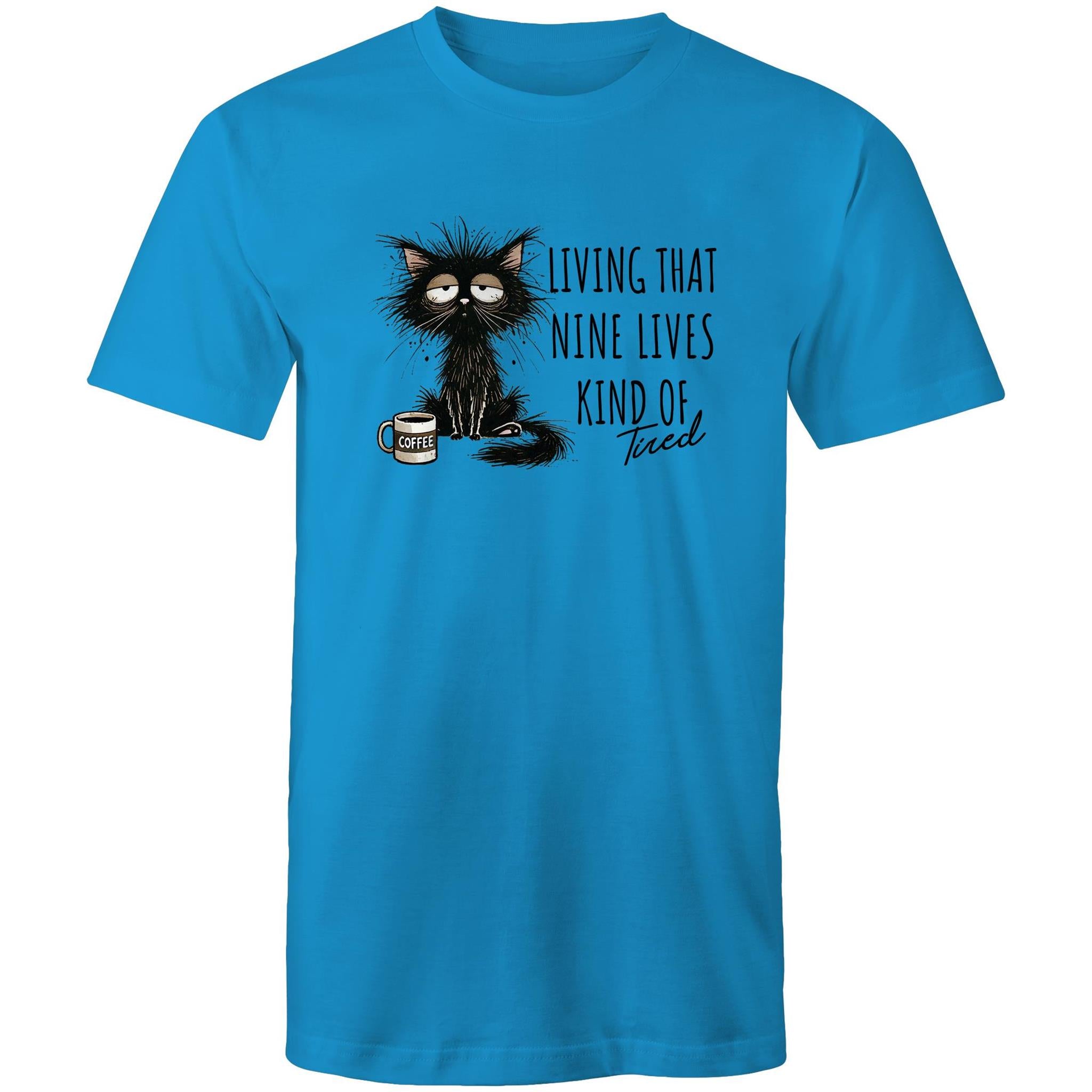 Living That Nine Lives Kind Of Tired, Frazzled Cat - Mens T-Shirt Arctic Blue Mens T-shirt animal Coffee Printed In Australia