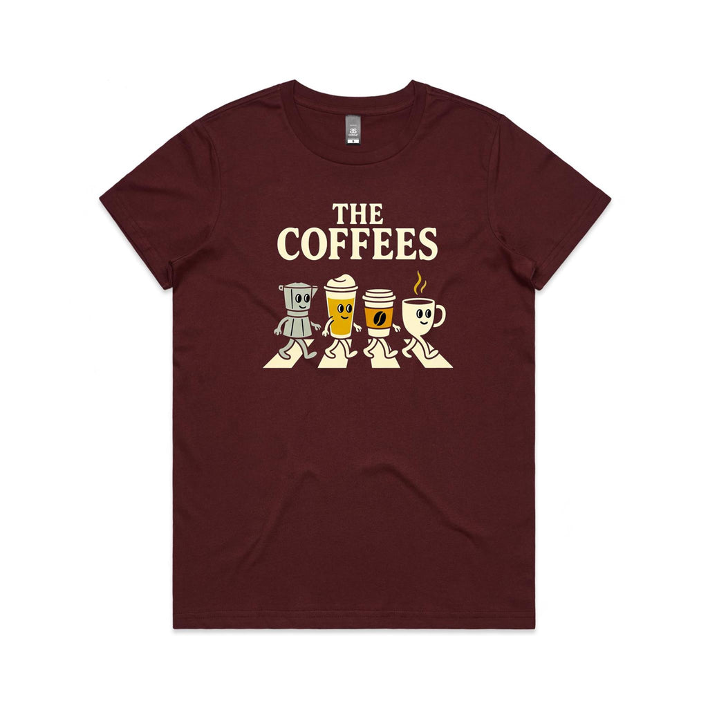 The Coffees, Crossing Road Women's AS Colour T-shirt Burgundy Womens T-shirt Coffee Music Printed In Australia