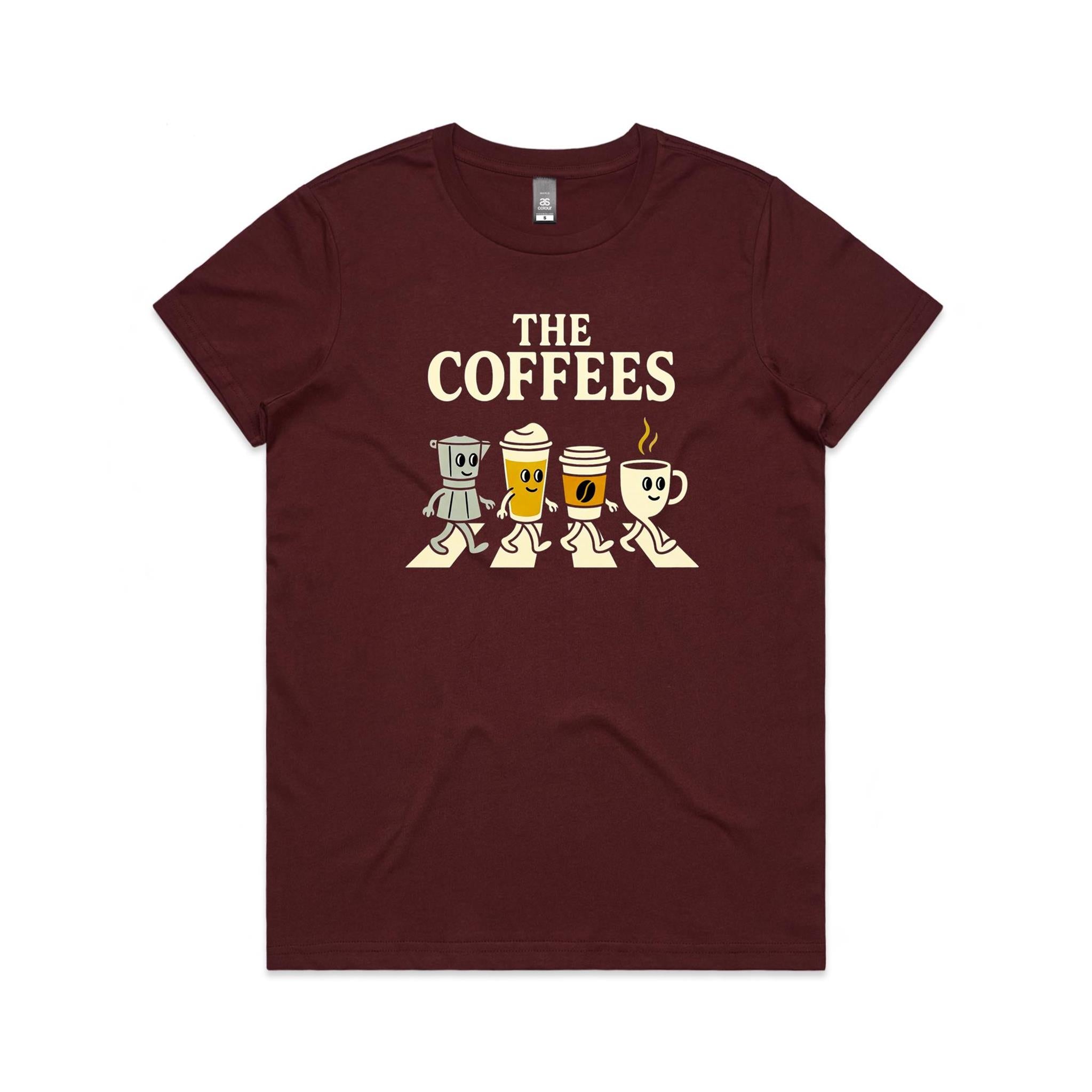 The Coffees, Crossing Road Women's AS Colour T-shirt Burgundy Womens T-shirt Coffee Music Printed In Australia