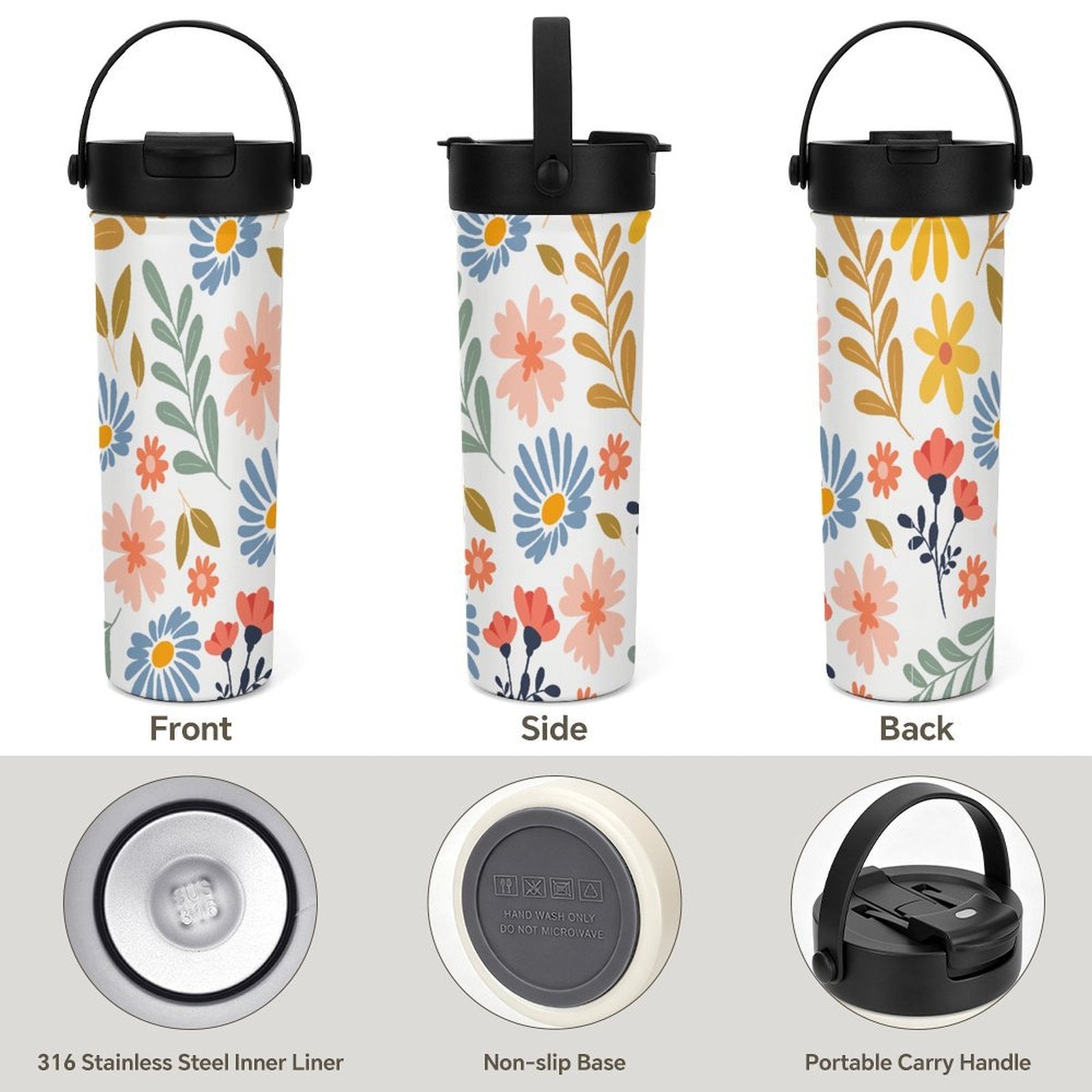 Boho Flowers And Leaves 20oz Tea Tumbler with Carry Handle