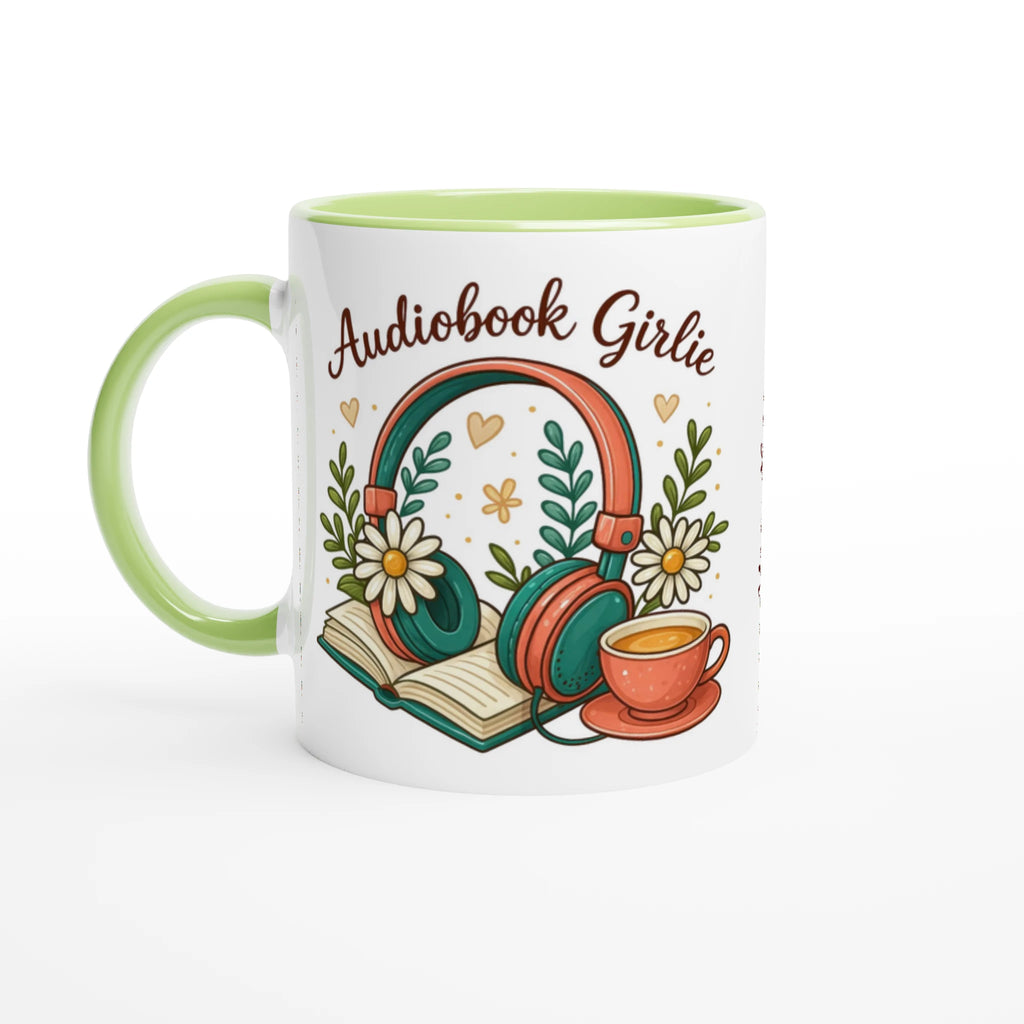 Personalised - Audiobook Girlie - White 11oz Ceramic Mug with Colour Inside Ceramic Green Personalised 11oz Mug customise Globally Fulfilled personalise Reading