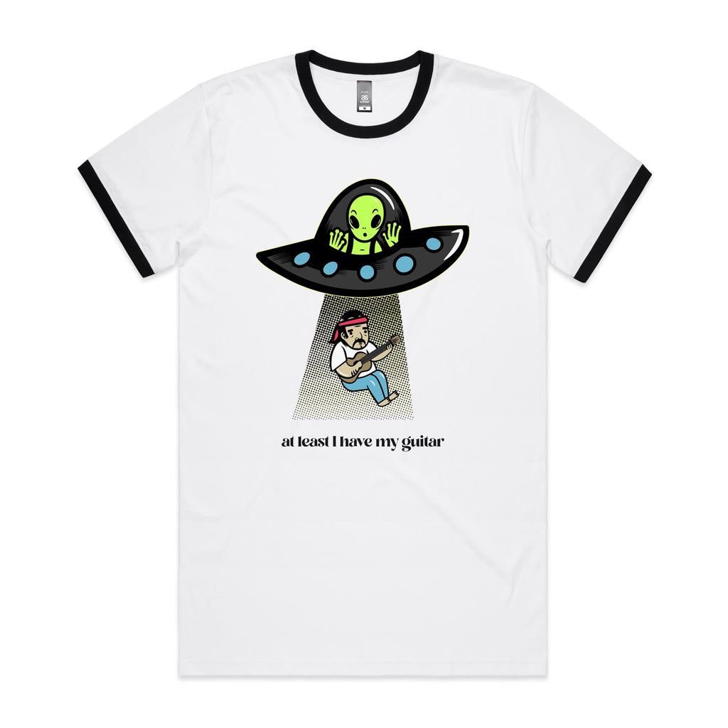 Guitarist Alien Abduction, UFO - Staple Ringer Tee White Black Ringer T-Shirt Music Printed In Australia Sci Fi
