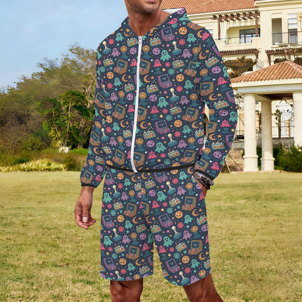Space Arcade Men's Lightweight Sun Hoodie & Shorts Set Men's Lightweight Sun Hoodie & Shorts Games Printed Offshore Retro