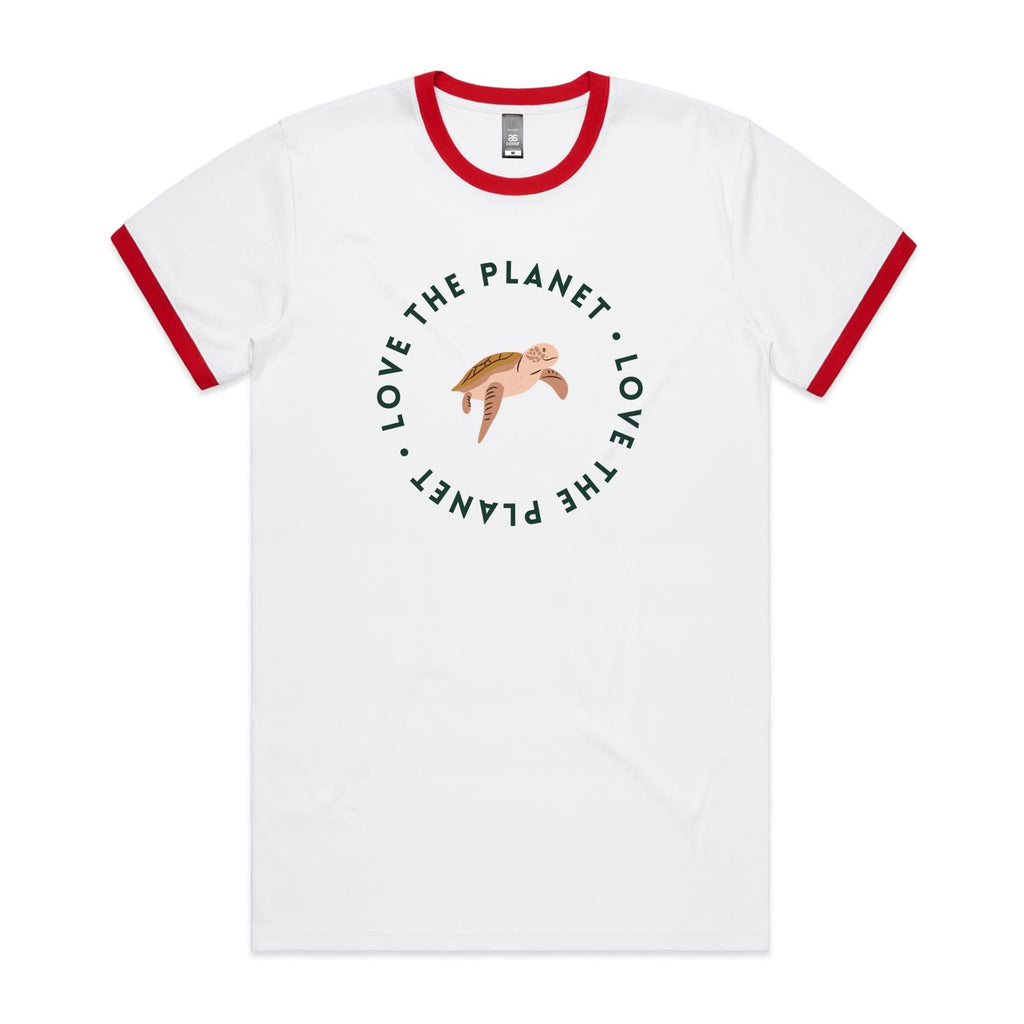 Love The Planet, Turtle - Staple Ringer Tee White Red Ringer T-Shirt animal Environment Printed In Australia