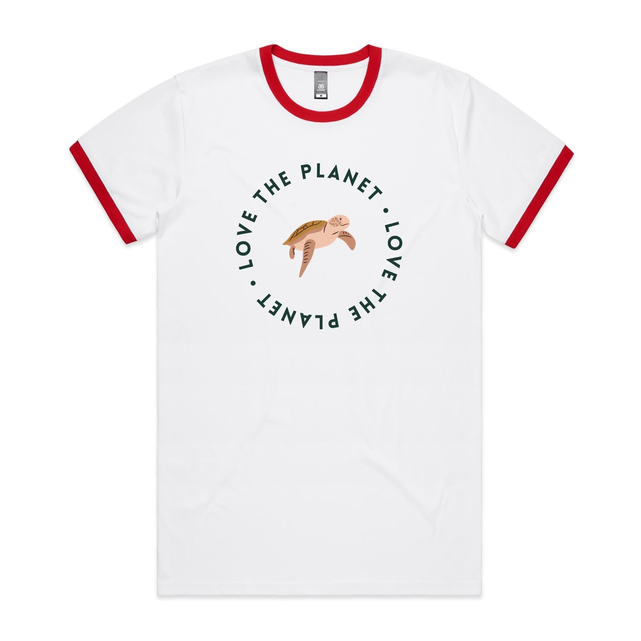 Love The Planet, Turtle - Staple Ringer Tee White Red Ringer T-Shirt animal Environment Printed In Australia