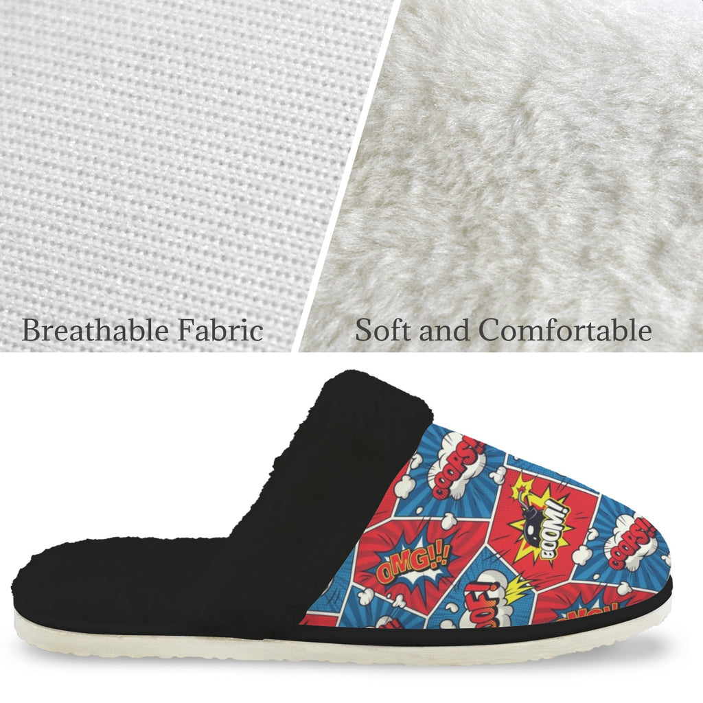 Comic Book Cells Men's Fur Trim Thick-Sole Indoor Slippers Men's Fur Trimmed Slippers comic Printed Offshore
