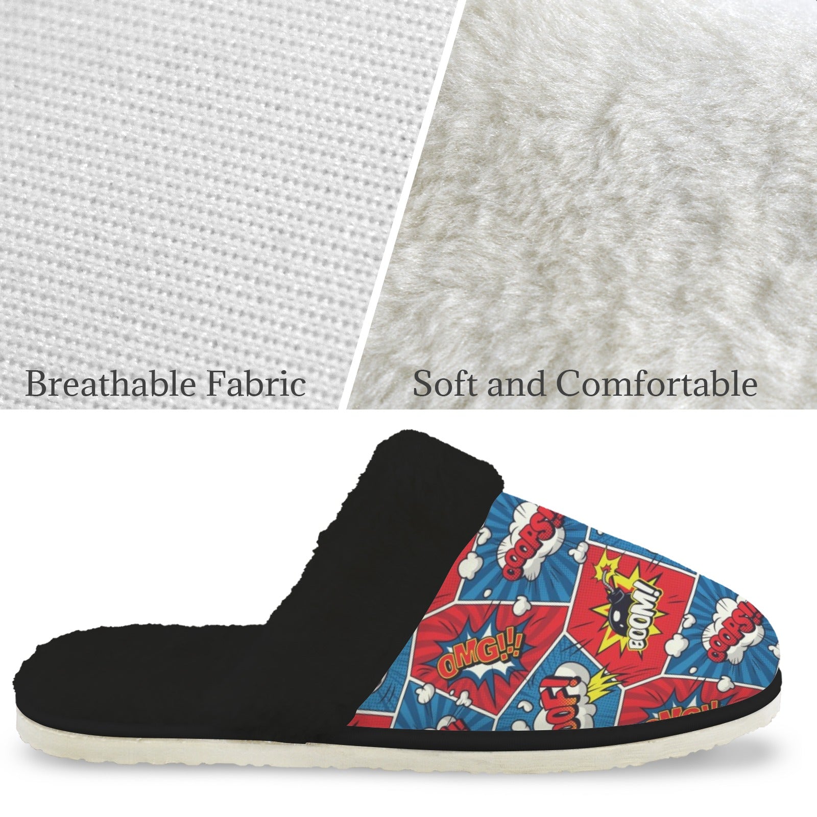 Comic Book Cells Men's Fur Trim Thick-Sole Indoor Slippers Men's Fur Trimmed Slippers comic Printed Offshore
