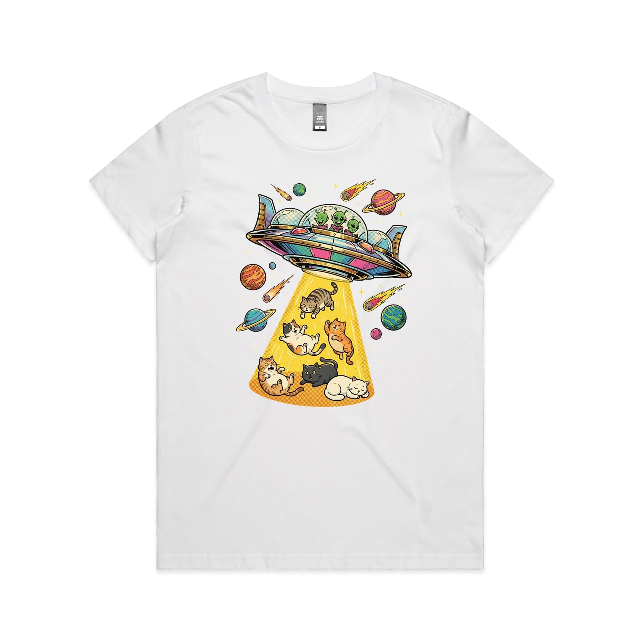 UFO Cat Abduction Women's AS Colour T-shirt White Womens T-shirt animal Printed In Australia Sci Fi