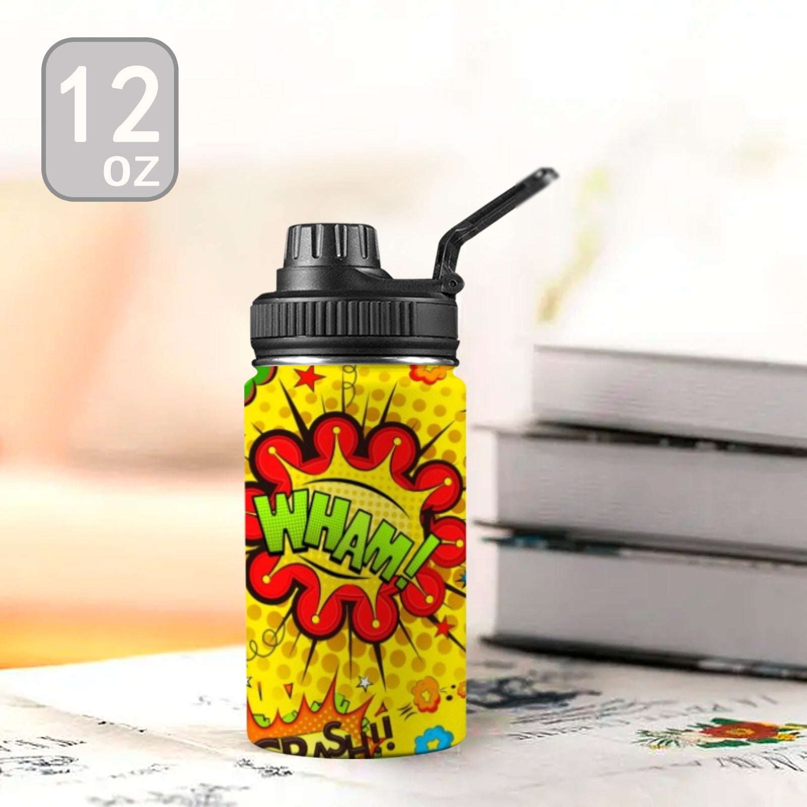 Comic Book Yellow Kids Water Bottle with Chug Lid (12 oz) Kids Water Bottle with Chug Lid comic Printed Offshore