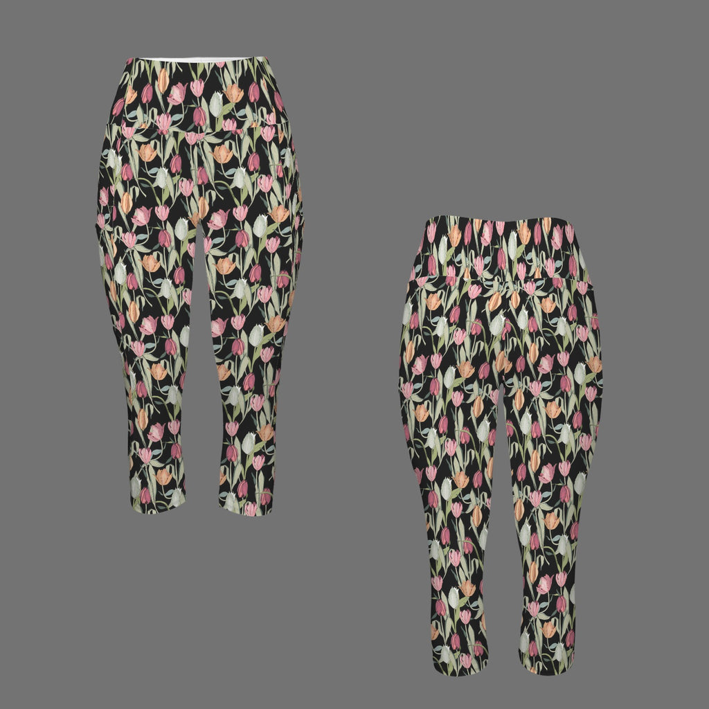 Tulips Women's High Waist Pocket Capri Yoga Leggings Women's High Waist Capri Yoga Leggings Plants Printed Offshore
