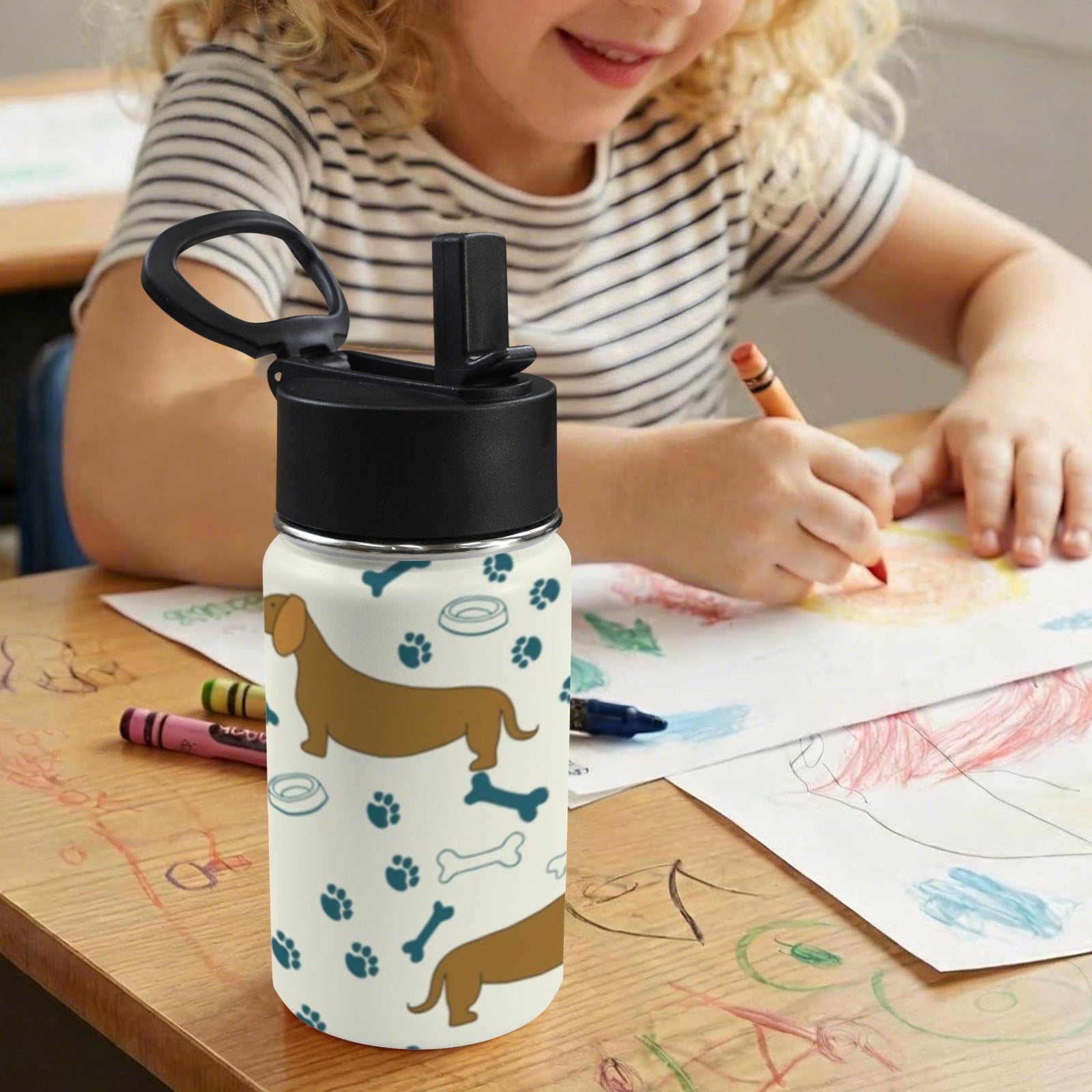 Dachshund Sausage Dog 12oz Kids Water Bottle with Straw Lid
