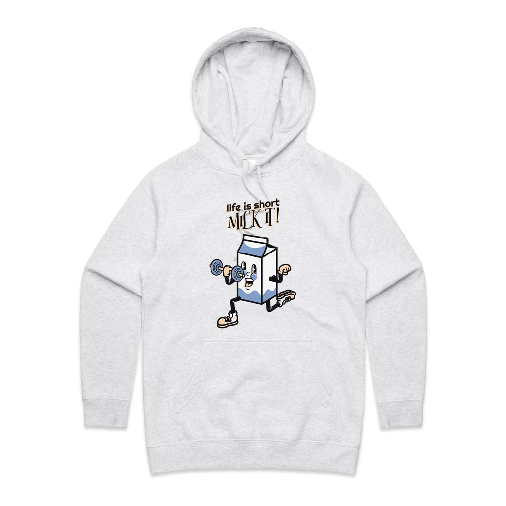 Life Is Short, Milk It - Womens Hoodie White Marle Womens Hoodie Fitness Printed In Australia