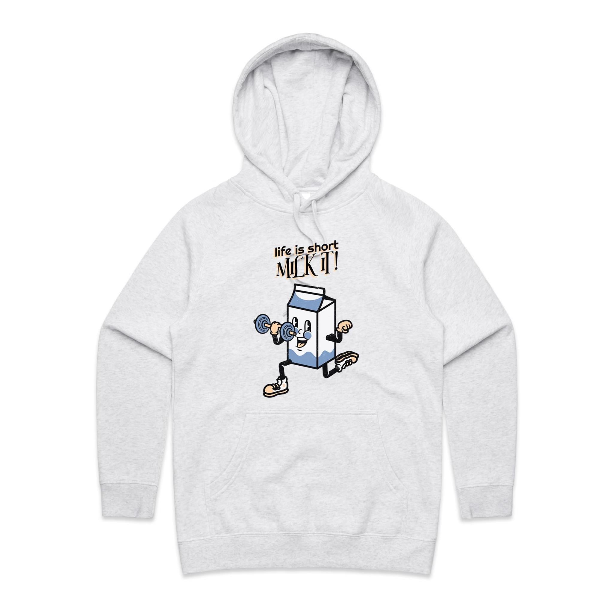 Life Is Short, Milk It - Womens Hoodie White Marle Womens Hoodie Fitness Printed In Australia