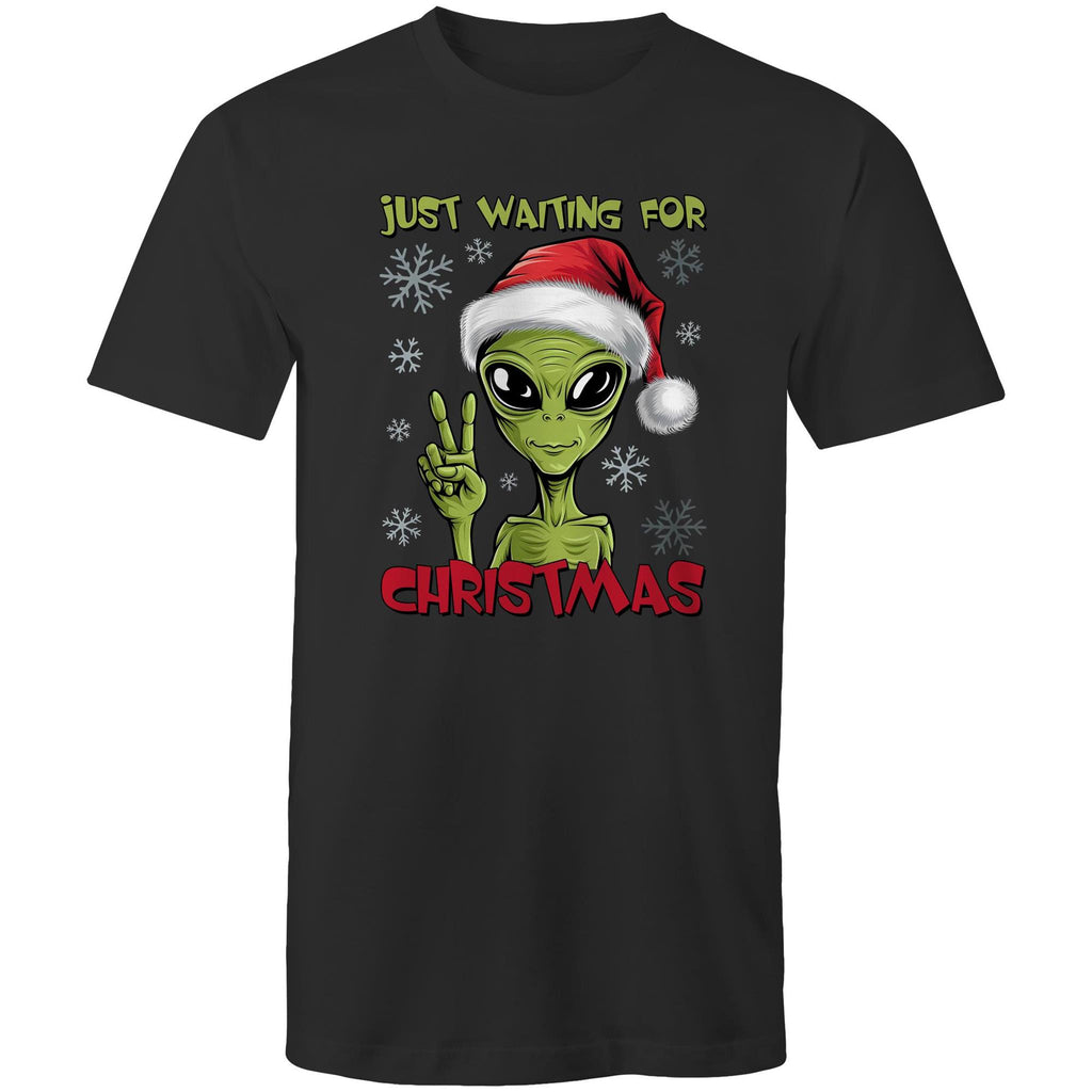 Just Waiting For Christmas, Alien - Mens T-Shirt Black Mens Christmas T-shirt Christmas Printed In Australia